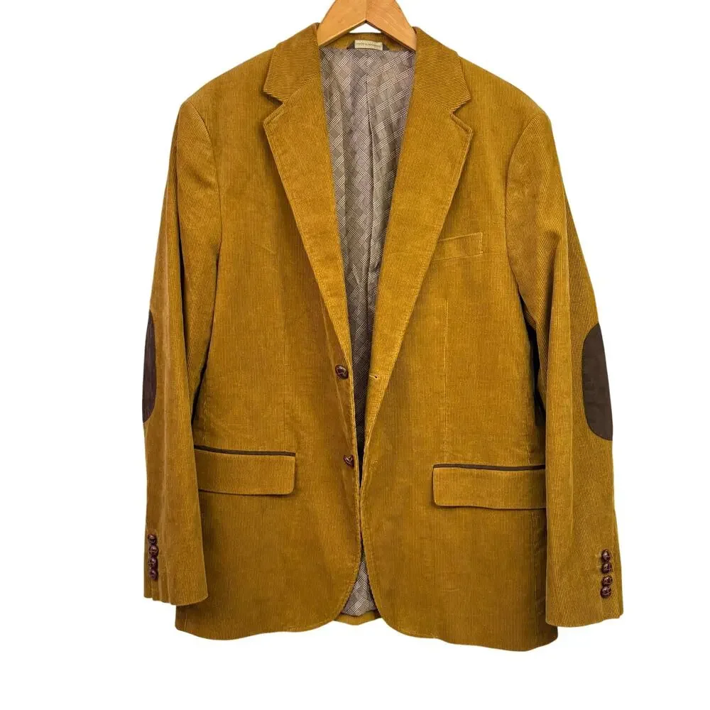 Tasso Elba Corduroy Blazer Tan Camel Medium Sports Coat Leather Buttons Jacket